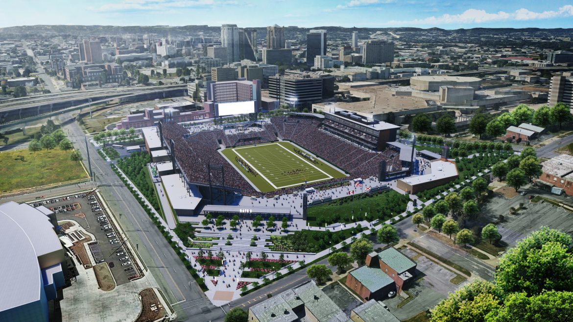 Aerial rendering of Protective Stadium