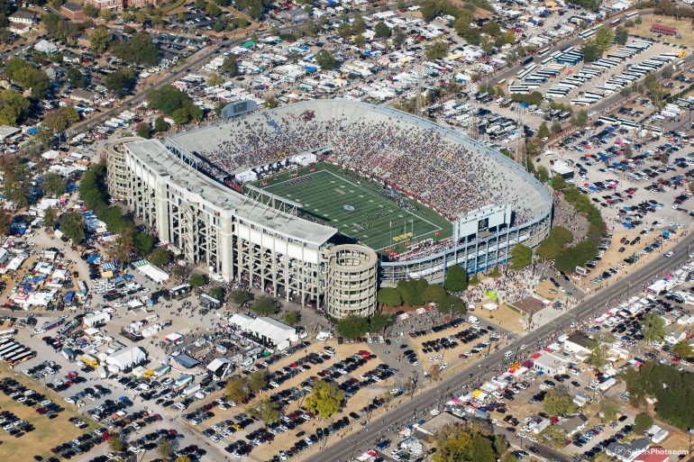 Aerial photo of football game in Legion Field