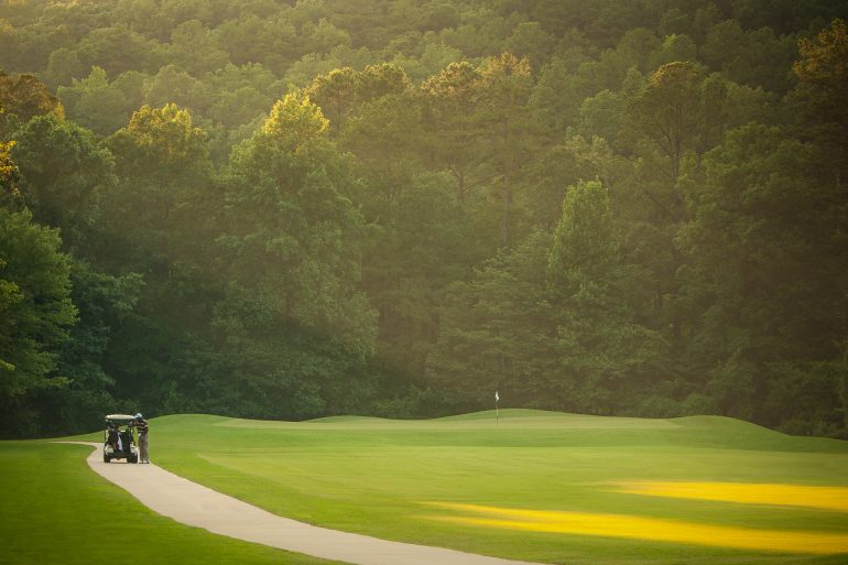 Photo of golf course and golf cart