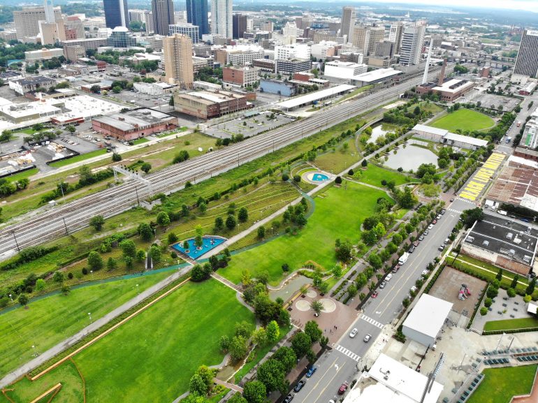 Aerial photo of railroad park